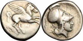 Continental Greece. Akarnania, Anactorium. AR Stater, c. 345-300 BC. D/ Pegasos flying right; below, AN monogram. R/ Head of Athena right, wearing Cor...
