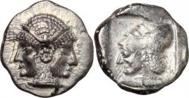 Greek Asia. Mysia, Lampsakos. AR Diobol, c. 500-450 BC. D/ Female janiform head. R/ Helmeted head of Athena left, within incuse square. SNG BN 1126. A...
