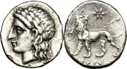Greek Asia. Ionia, Miletos. AR Hemidrachm, Skythes magistrate, c. 360-350 BC. D/ Laureate head of Apollo left. R/ Lion standing left, head right; abov...