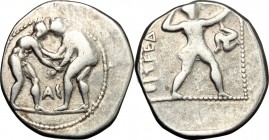 Greek Asia. Pamphylia, Aspendos. AR Stater, c. 380-330 BC. D/ Two nude wrestlers, standing and grappling with each other; AΣ between. R/ EΣTFEΔ[IIVΣ]....