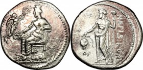 Greek Asia. Cilicia, Nagidos. MA- and OP- magistrates. AR Stater, c. 360-333 BC. D/ Aphrodite seated left on throne, holding phiale; in left field, Er...