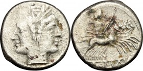 Anonymous. AR Quadrigatus, 222-215 BC. D/ Laureate Janiform head of Dioscuri. R/ Jupiter, holding sceptre and hurling thunderbolt, in fast quadriga ri...