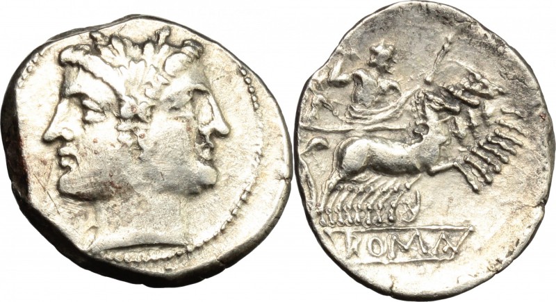 Anonymous. AR Quadrigatus, c. 225-214 BC, uncertain mint. D/ Laureate Janiform h...