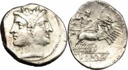 Anonymous. AR Quadrigatus, c. 225-214 BC, uncertain mint. D/ Laureate Janiform head of Dioscuri. R/ Jupiter, holding sceptre and hurling thunderbolt, ...
