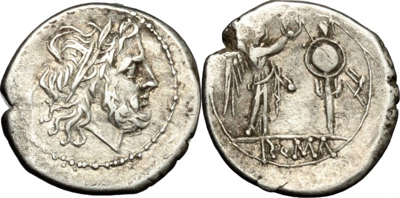 Anonymous. AR Victoriatus, from 211 BC. D/ Laureate head of Jupiter right. R/ Vi...