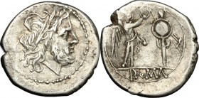 Anonymous. AR Victoriatus, from 211 BC. D/ Laureate head of Jupiter right. R/ Victory right, crowning trophy; in exergue, ROMA. Cr. 44/1. AR. g. 3.36 ...