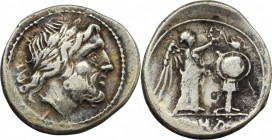 Anonymous. AR Victoriatus, from 211 BC. D/ Laureate head of Jupiter right. R/ Victory right, crowning trophy; in exergue, ROMA. Cr. 44/1. AR. g. 2.82 ...