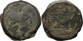 Sextantal series. AE As, after 211 BC. D/ Laureate head of Janus; above, I. R/ Prow right; above, I; below, ROMA. Cr. 56/2. AE. g. 33.65 mm. 34.00 VF.
