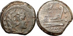 Bull and MD series. AE Quadrans, 189-180 BC. D/ Head of Hercules right; behind, three pellets. R/ Prow right; above, bull right and MD ligate; before,...