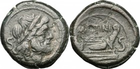 M. Titinius. AE Semis, c. 189-180 BC. D/ Laureate head of Saturn right; behind, S. R/ Prow right; above, M. TITINI; before, S; below, [ROMA]. Cr. 150/...