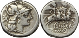 Cn. Calpurnius Piso. AR Denarius, 179-170 BC. D/ Helmeted head of Roma right; behind, X. R/ The Dioscuri galloping right; below, CN CALP; in exergue, ...