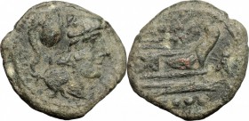 Fly series. AE Triens, c. 179-170 BC. D/ Helmeted head of Minerva right; above, [four pellets]. R/ ROMA. Prow right; before, fly; below, four pellets....