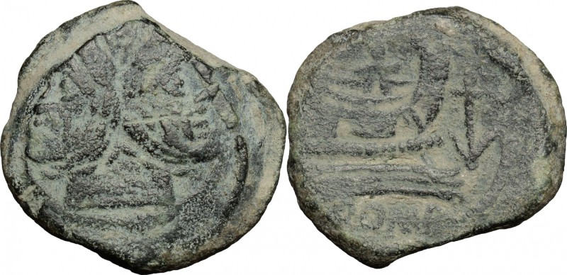 Anchor (third) series. AE As, c. 169-158 BC. D/ Laureate head of Janus; above, m...