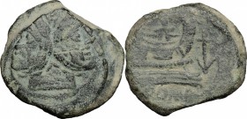 Anchor (third) series. AE As, c. 169-158 BC. D/ Laureate head of Janus; above, mark of value I. R/ Prow right; above, mark of value I and before, anch...