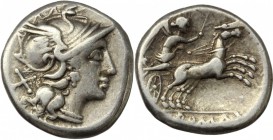 Anonymous. AR Denarius, 157-156 BC. D/ Helmeted head of Roma right; behind, X. R/ Victory in biga right; holding reins and goad; in exergue, ROMA. Cr....