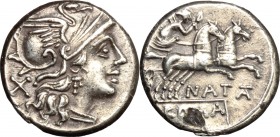 Pinarius Natta. AR Denarius, 149 BC. D/ Helmeted head of Roma right; behind, X. R/ Victory in biga right; below horses, NATTA; in exergue, ROMA. Cr. 2...