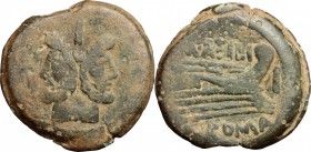 M. Atilius Saranus. AE As, 148 BC. D/ Laureate head of Janus; above, mark of value I. R/ M. ATILI. Prow right; before, mark of value I; below, ROMA. C...