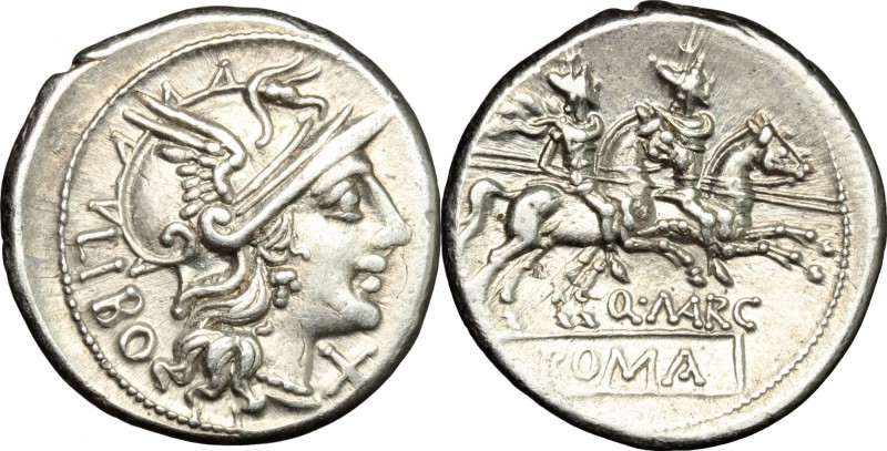 Q. Marcius Libo. AR Denarius, 148 BC. D/ Helmeted head of Roma right; behind, LI...