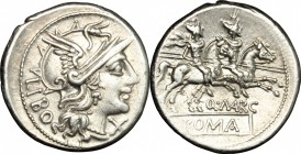 Q. Marcius Libo. AR Denarius, 148 BC. D/ Helmeted head of Roma right; behind, LIBO; before, X. R/ The Dioscuri galloping right; below, Q. MARC; in exe...