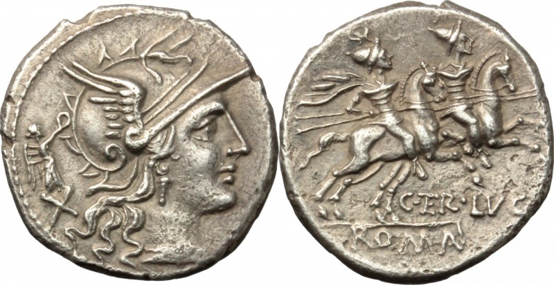 C. Terentius Lucanus. AR Denarius, 147 BC. D/ Helmeted head of Roma right; behin...