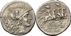 C. Terentius Lucanus. AR Denarius, 147 BC. D/ Helmeted head of Roma right; behind, X and small Victory. R/ The Dioscuri galloping right; below horses,...