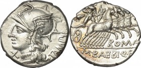 M. Baebius Q. f. Tampilus. AR Denarius, 137 BC. D/ Helmeted head of Roma left, X below chin, TAMPIL behind. R/ Apollo in quadriga right, ROMA below ho...