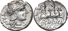 Cn. Lucretius Trio. AR Denarius, 136 BC. D/ Helmeted head of Roma right, X below chin, TRIO behind. R/ The Dioscuri galloping right, CN. LVCR below ho...