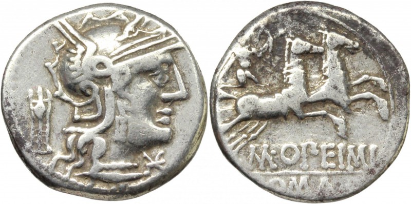 M. Opimius. AR Denarius, 131 BC. D/ Helmeted head of Roma right; behind, tripod;...