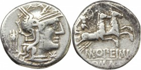M. Opimius. AR Denarius, 131 BC. D/ Helmeted head of Roma right; behind, tripod; before, X. R/ Apollo in quadriga right, holding bow in left hand and ...