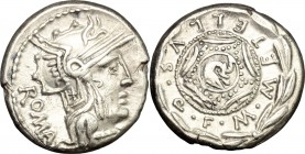 M. Caecilius Q. f. Q. n. Metellus. AR Denarius, 127 BC. D/ Helmeted head of Roma right; behind, ROMA downward; below chin, X. R/ M. METELLVS. Q.F arou...