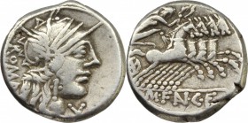 M. Fannius C.f. AR Denarius, 123 BC. D/ Helmeted head of Roma right; behind, ROMA; before, X. R/ Victory in quadriga right, holding reins and wreath; ...
