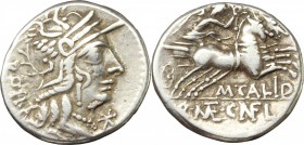 M. Calidius, Q. Metellus and Cn. Fulvius. AR Denarius, 117-116 BC. D/ Helmeted head of Roma right; behind, X. R/ Victory in prancing quadriga right; b...