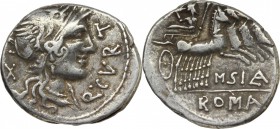 Q. Curtius. AR Denarius, 116 or 115 BC. D/ Helmeted head of Roma right; before, Q. CVRT; behind, X. R/ Jupiter in quadriga right, holding sceptre and ...
