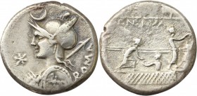 P. Nerva. AR Denarius, 113-112 BC. D/ Bust of Roma left, holding spear and shield, X before, crescent above, ROMA behind. R/ P. NERVA above three citi...