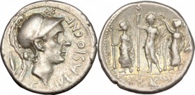 Cn. Blasio Cn.f. AR Denarius, 112-111 BC. D/ Helmeted head right (Scipio Africanus the Elder or Blasio?), [X] above, CN. BLASIO. CN.F. before and corn...
