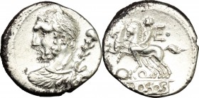 Ti. Quinctius. AR Denarius, c. 112-111 BC. D/ Bust of Hercules left, seen from behind, with club above right shoulder. R/ Desultor left; behind, E and...