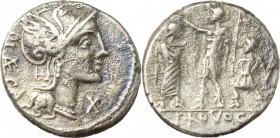 P. Laeca. AR Denarius, 110-109 BC. D/ Helmeted head of Rome right. Above, ROMA. Behind, P. LAECA. R/ Roman warrior standing left, placing his hand on ...