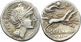 L. Flaminius Chilo. AR Denarius, 109 or 108 BC. D/ Helmeted head of Roma right; behind, ROMA; before, X. R/ Victory in biga right, holding reins and w...