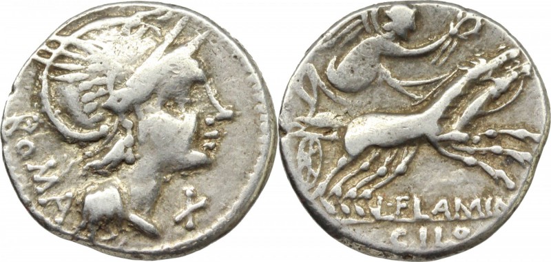 L. Flaminius Chilo. AR Denarius, 109 or 108 BC. D/ Helmeted head of Roma right; ...