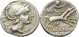 L. Flaminius Chilo. AR Denarius, 109 or 108 BC. D/ Helmeted head of Roma right; behind, ROMA; before, X. R/ Victory in biga right, holding reins and w...