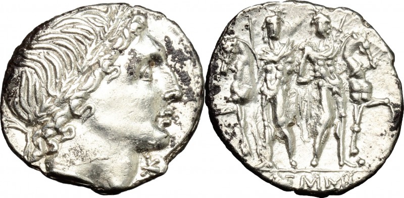 L. Memmius. AR Denarius, 109-108 BC. D/ Young male head right (Apollo?), wearing...