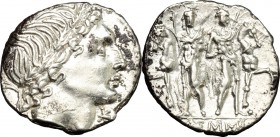 L. Memmius. AR Denarius, 109-108 BC. D/ Young male head right (Apollo?), wearing oak-wreath; before, X. R/ Dioscuri standing facing between their hors...