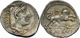 L. Thorius Balbus. AR Denarius, 105 BC. D/ Head of Juno Sospita right, wearing goat-skin headdress; behind, I.S.M.R. R/ Bull charging right; above, D;...