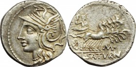 L. Appuleius Saturninus. AR Denarius, 104 BC. D/ Helmeted head of Roma left. R/ Saturn in quadriga right; below horses, M and dot; in exergue, L. SATV...