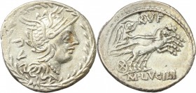 M. Lucilius Rufus. AR Denarius, 101 BC. D/ Helmeted head of Roma right; behind, PV; all within wreath. R/ Victory in biga right; above, RVF; in exergu...