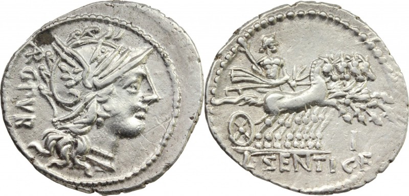 L. Sentius. AR Denarius, 101 BC. D/ Helmeted head of Roma right; behind, ARG PVB...