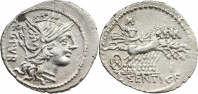L. Sentius. AR Denarius, 101 BC. D/ Helmeted head of Roma right; behind, ARG PVB. R/ Jupiter in quadriga right; below horses, I; in exergue, L. SENTI....
