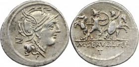 M. Servilius C.f. AR Denarius, 100 BC. D/ Helmeted head of Roma right; behind, N. R/ Two warriors, a Roman and a barbarian fighting on foot, each with...
