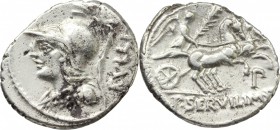P. Servilius Rullus. AR Denarius, 100 BC. D/ Bust of Minerva left,wearing Corinthian helmet and aegis; behind RVLLI. R/ Victory in biga right, holding...