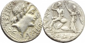 C. Poblicius Malleolus, A. Postumius Sp. f. Albinus and L. Metellus. AR Denarius, 96 BC. D/ L. METEL - A. ALB. S.F. Laureate head of Apollo right; bel...
